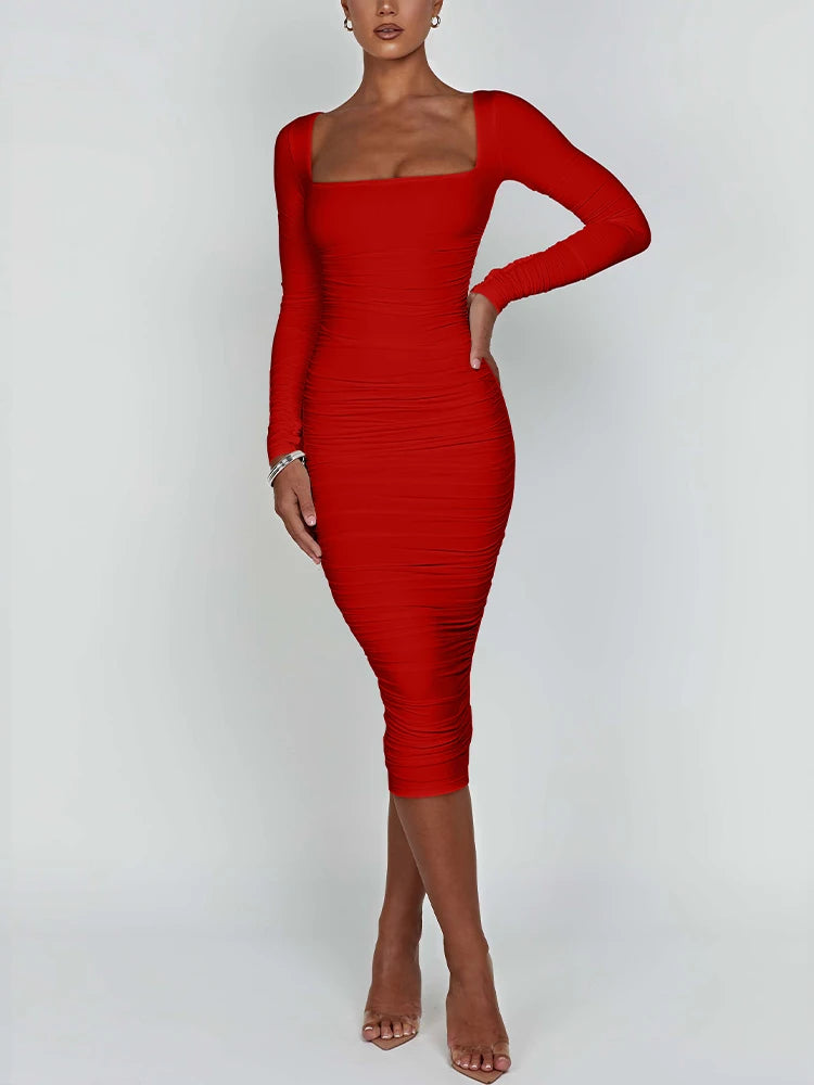 Sexy Bodycon Square Neck Long Sleeved Evening Dress