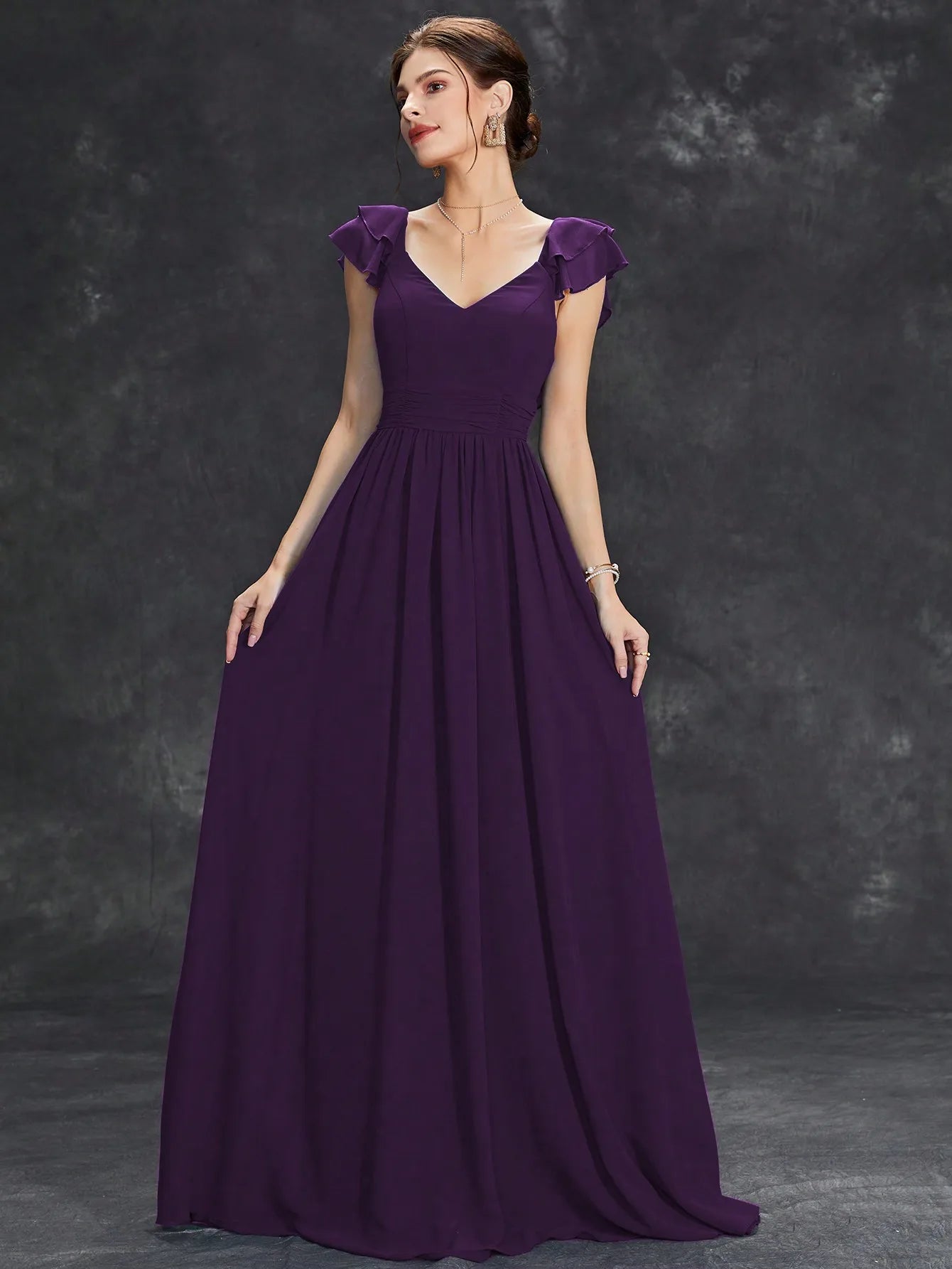 Mgiacy V-neck cap sleeve ruffle lace Extra long evening gown Ball dress