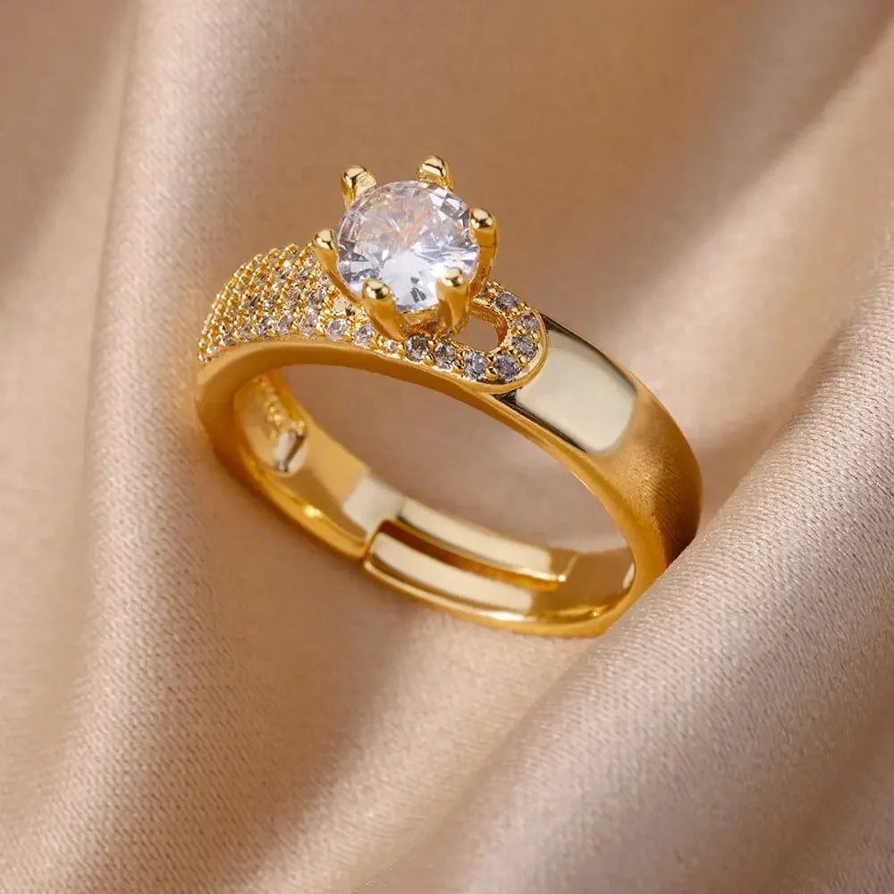 Chain Hollow Out Gold Stainless Steel Zircon Cross Ring