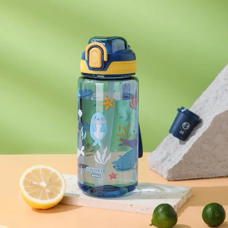 600ml Cartoon Animal Water Bottle Portable Safety Lock Cute Straw Cup