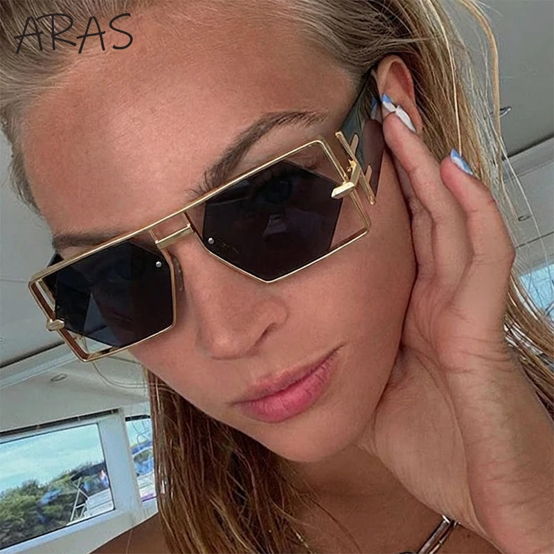 Steampunk Rectangle Metal Frame Sun Glasses