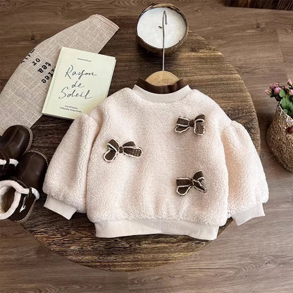 Autumn Winter Thick Warm Bow Lambswool Sweatshirt+Corduroy Pants Set