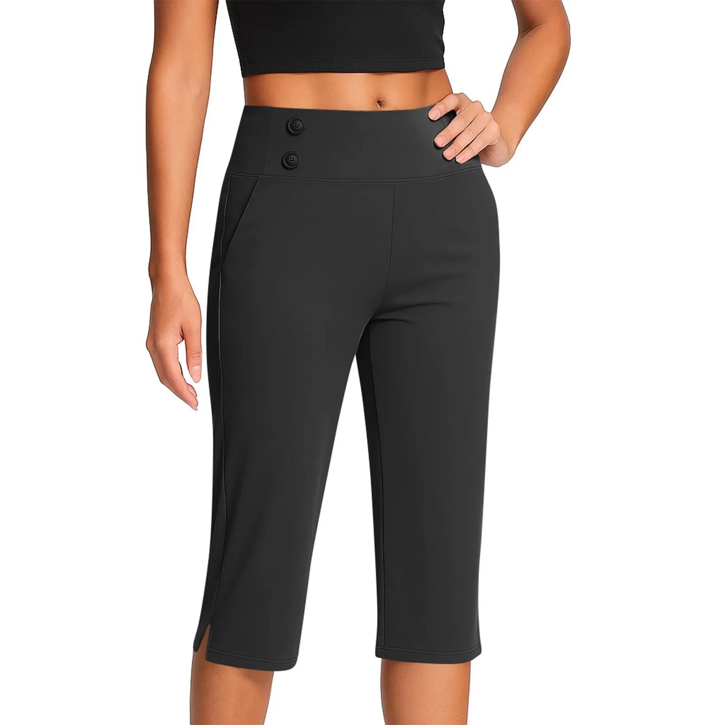 Thin Yoga Button Pocket With Split Hems High Waist Sports Pants