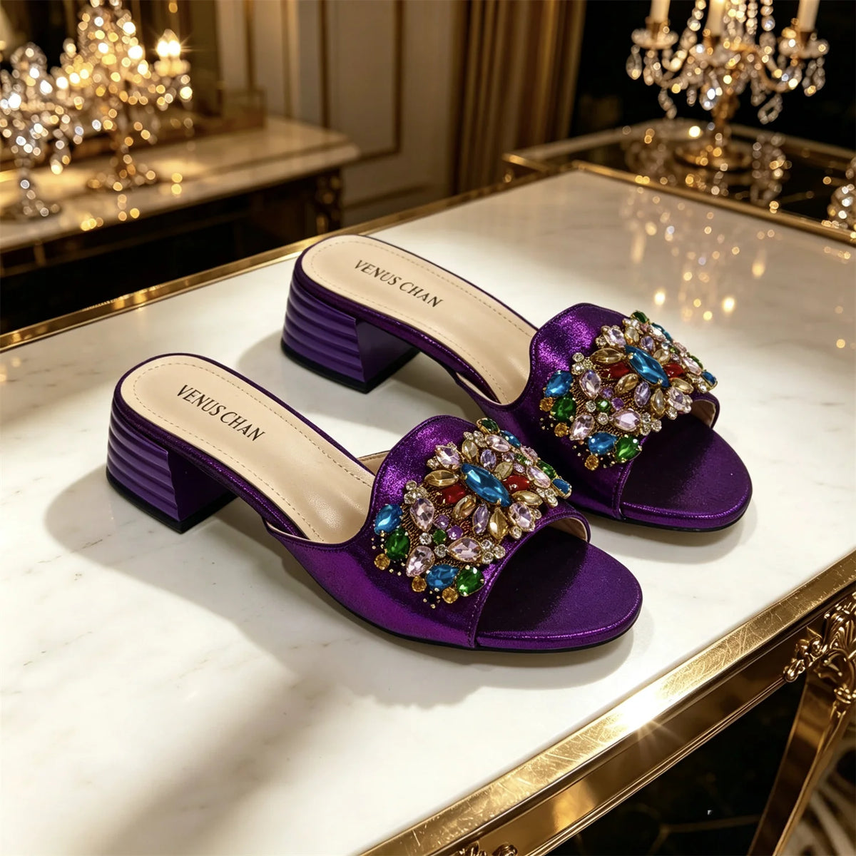 Luxury Multicolor Rhinestone Blue Heel Mules Black Satin Open Toe Slip
