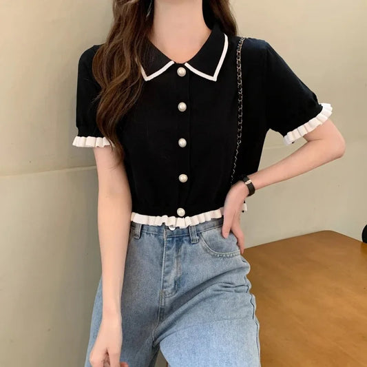 Korean Knitted Turn Down Collar Blouse