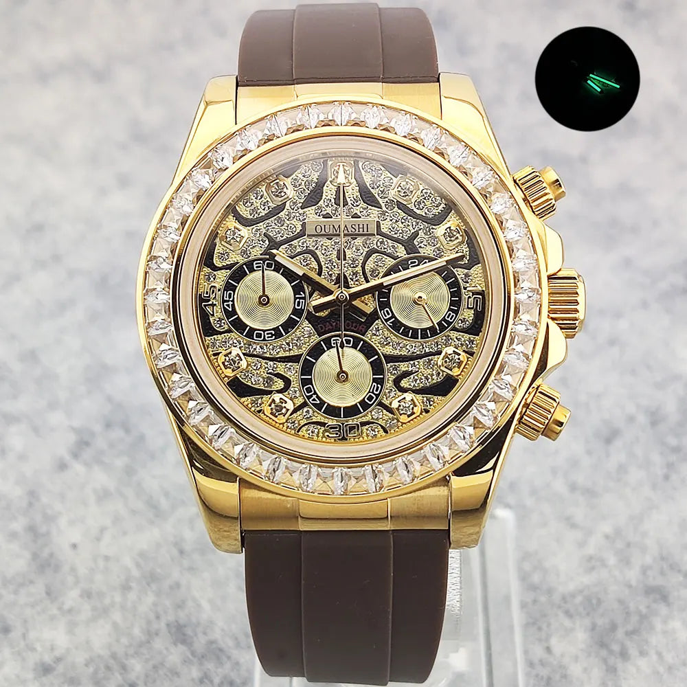 Movement Quartz Chronograph Sapphire Glass Gemstone Dial Luxury Waterproof Wristwatch