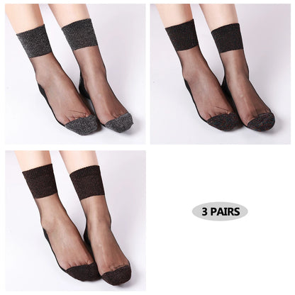 3 Pairs Ultrathin Transparent Glitter Crystal Glass Silk Socks