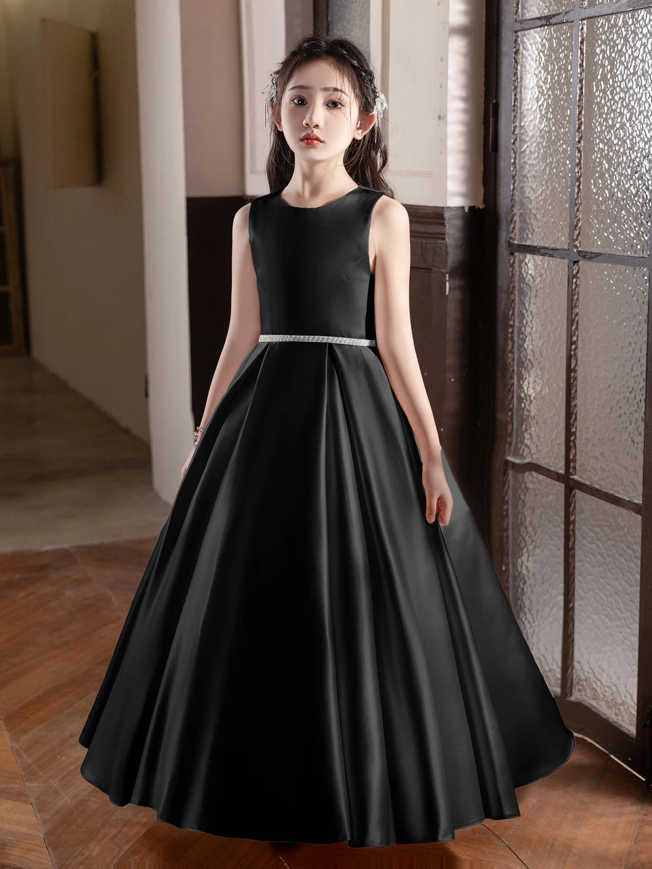 Black Long Dress For Teenage Big Bow Bridesmaid Dress