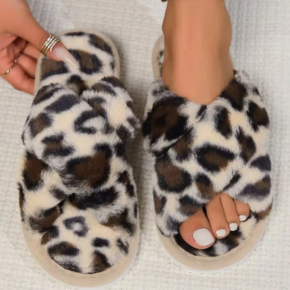 Leopard Print Fur Flip Flops Slippers