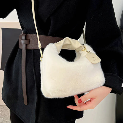 Faux Fur Plush Ruched Handle Small Shoulder Crossbody Bag