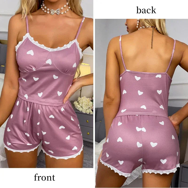 V-Neck Suspender Lace Lace Printed Pajama Set