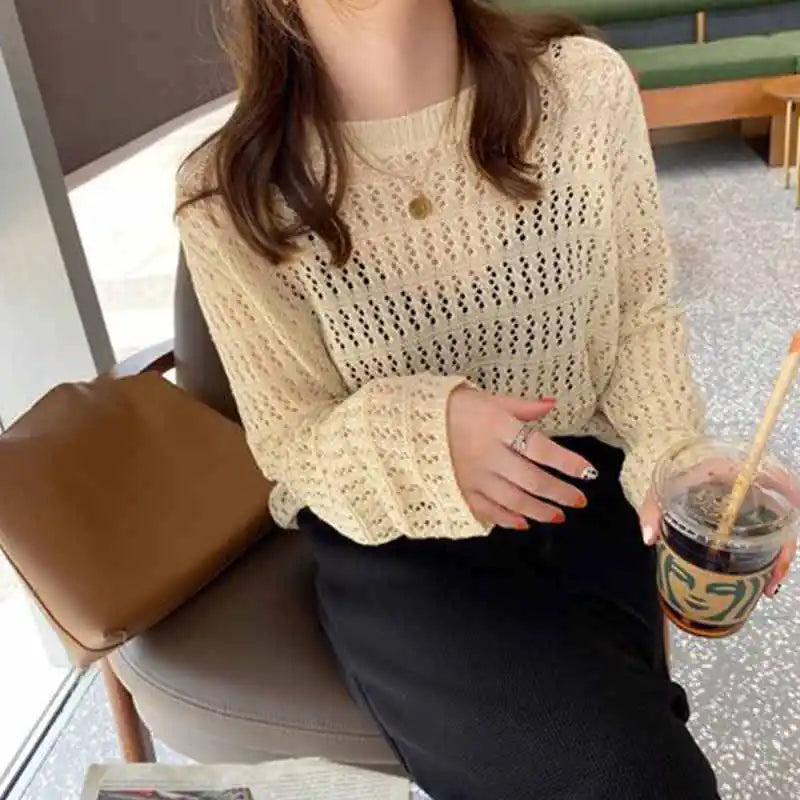 Knitted Long Sleeve Sweaters O-Neck Hollow Out Knit Sweater Pullover