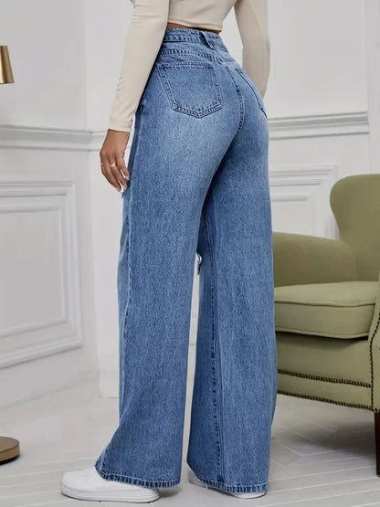 Wide Leg Vintage Distressed Ripped Floor Length Jeans Pants