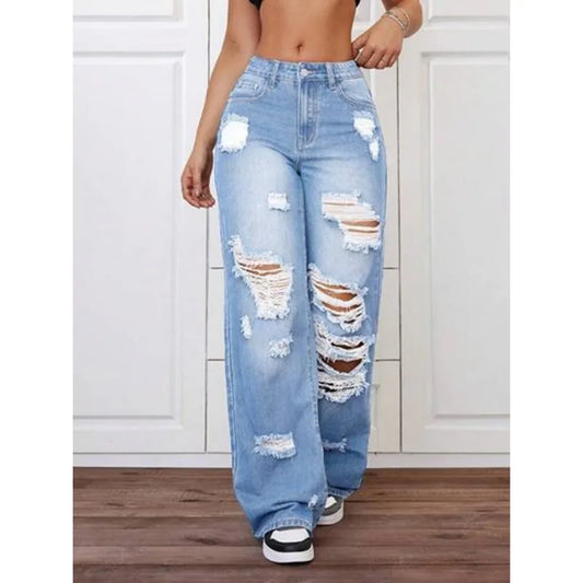 Light Blue Distressed Baggy Relaxed Fit Wide Leg Jeans Pants