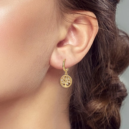 925 Sterling Silver Sparkling Gold Plated Tree of Life Hoop Earring