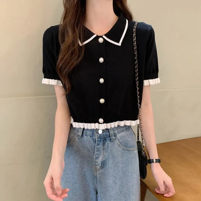 Korean Knitted Turn Down Collar Blouse