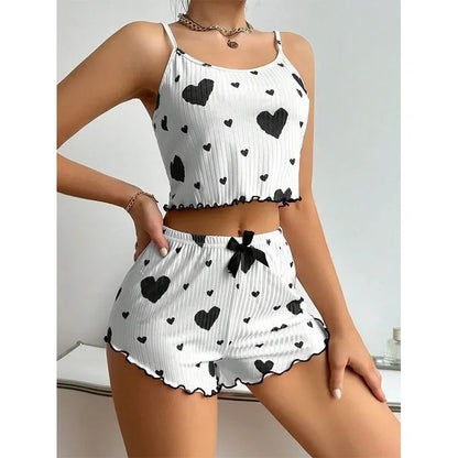 Short Tank Ventilate Soft Casual Love Printing Pyjama Set