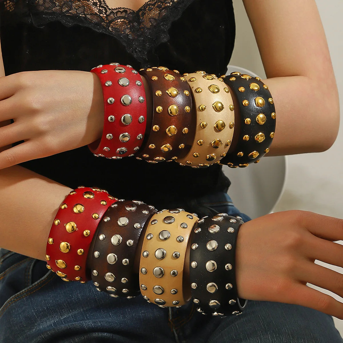 Exaggeration 8 Colors Round Geometric Wood Wide Bangles Bracelets