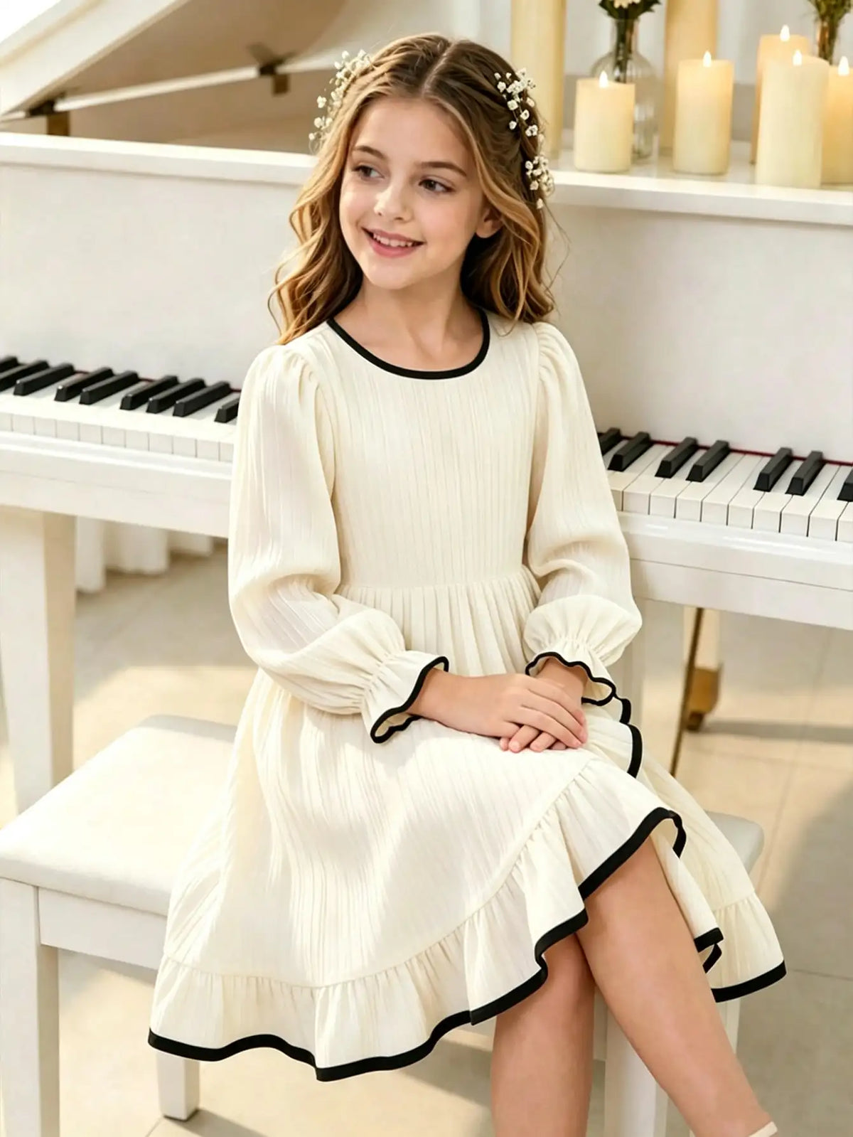 Round Neck Long Sleeve Waist Cinched Bow Tie Pit Stripe Skirt Slit Dress