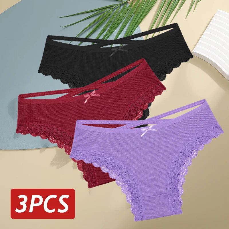 3PCS/Set Cotton Sexy Low Rise Lace Brazilian Panties S-XL