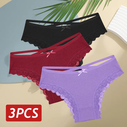 3PCS/Set Cotton Sexy Low Rise Lace Brazilian Panties S-XL