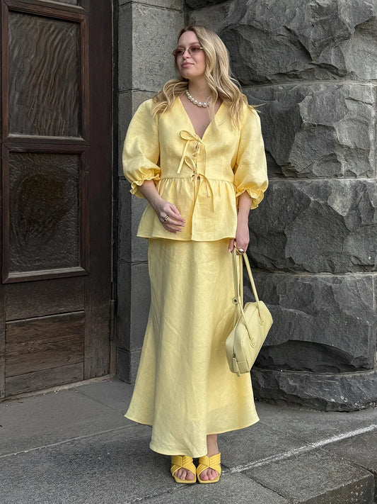 100% Cotton Bubble Sleeve Shirt  Long Skirt Set