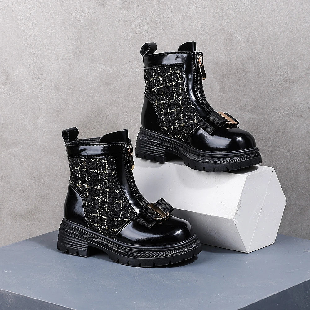 Toddler Black Tweed Bow Front Zipper Ankle Boots