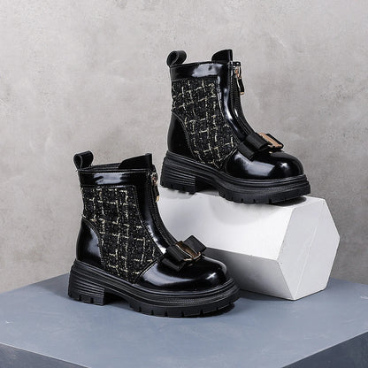Toddler Black Tweed Bow Front Zipper Ankle Boots