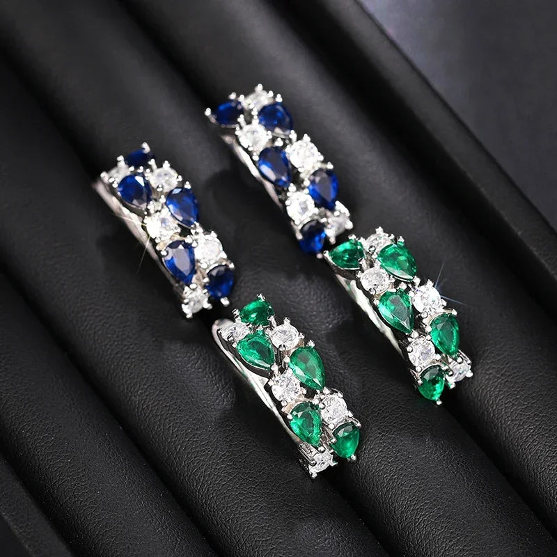 Huitan Luxury Hoop Waterdrop Blue/Green Cubic Zirconia Earrings