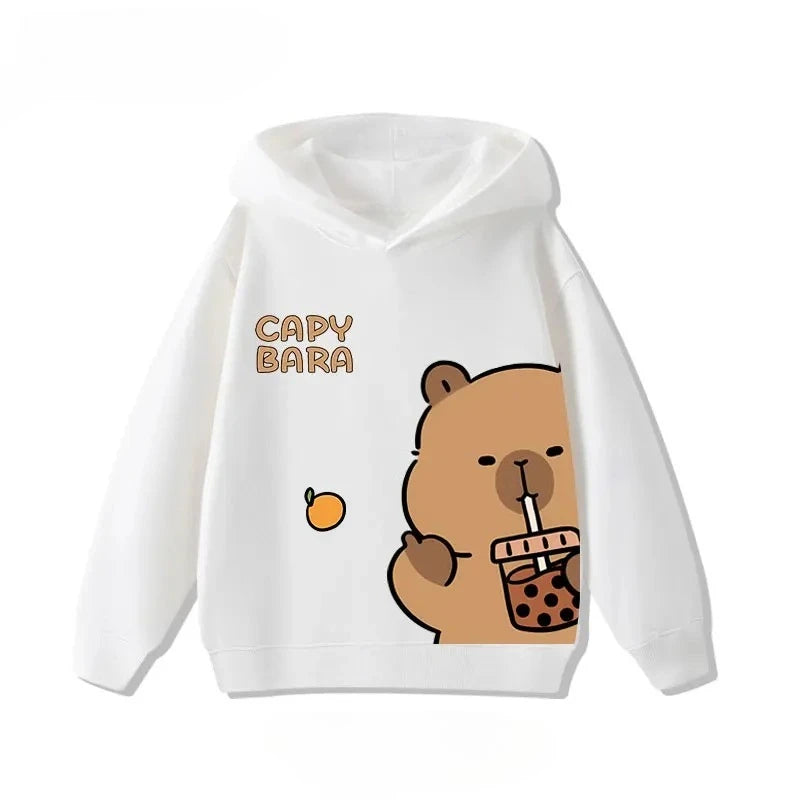 Autumn Winter Cartoon Cute Capybara Print Hooded Pullover