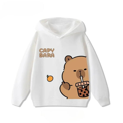 Autumn Winter Cartoon Cute Capybara Print Hooded Pullover