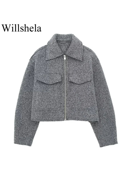 Grey Front Zipper Vintage Lapel Neck Long Sleeves Chic Jacket