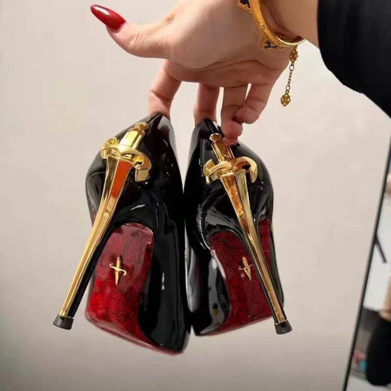 High Heels Pointed Metal Swords Sexy Queen Black Lacquer Leather Shoes