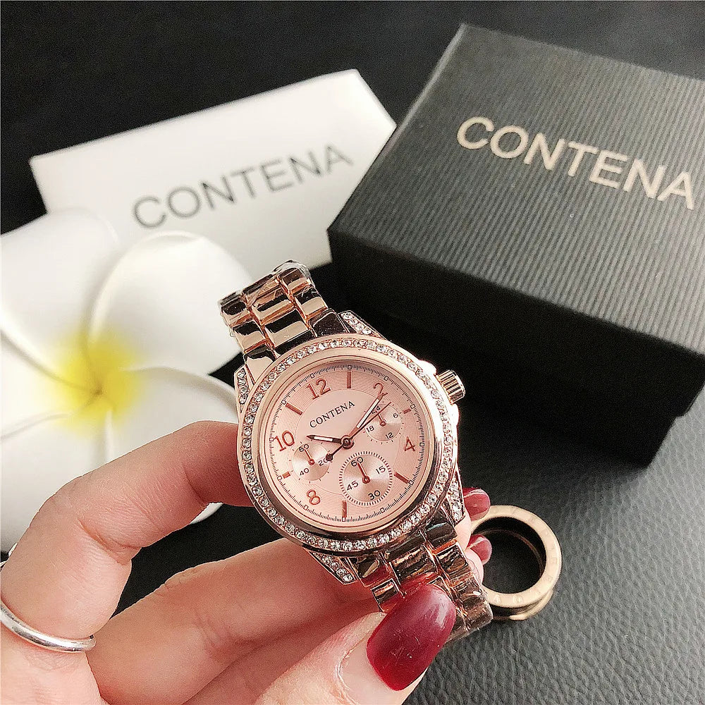 Luxury Stainless Steel Rhinestone Quartz Wristwatch