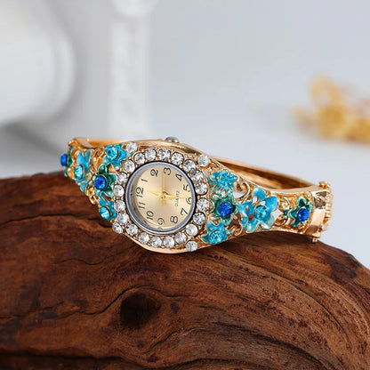 Luxury Watches Retro Elegant Flower Diamond Stainless Steel Quartz Wristwatches