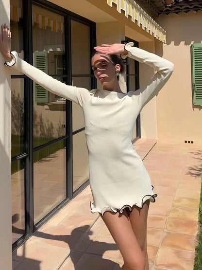 O-Neck Long Sleeves Ruffles Mini Dress