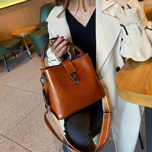 Real Oil Wax Leather Bucket Large Capacity Cowhide Crossbody Tote Bag