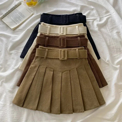 Cord Belted Pleated Texture Corduroy Box Pleat Mini Skirt