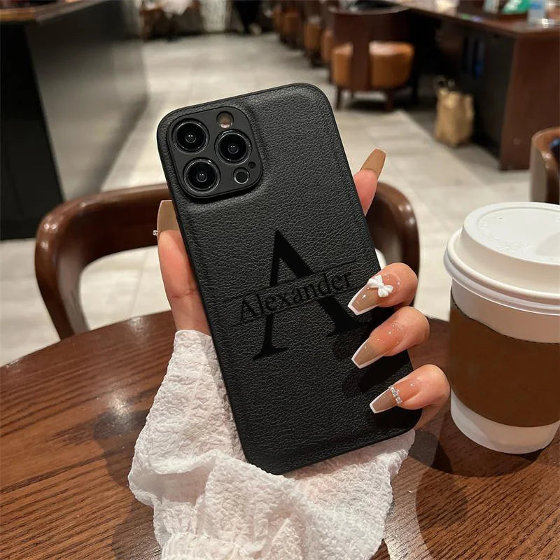 Initials Plus Big Letter Laser Engraving Leather iPhone Cover