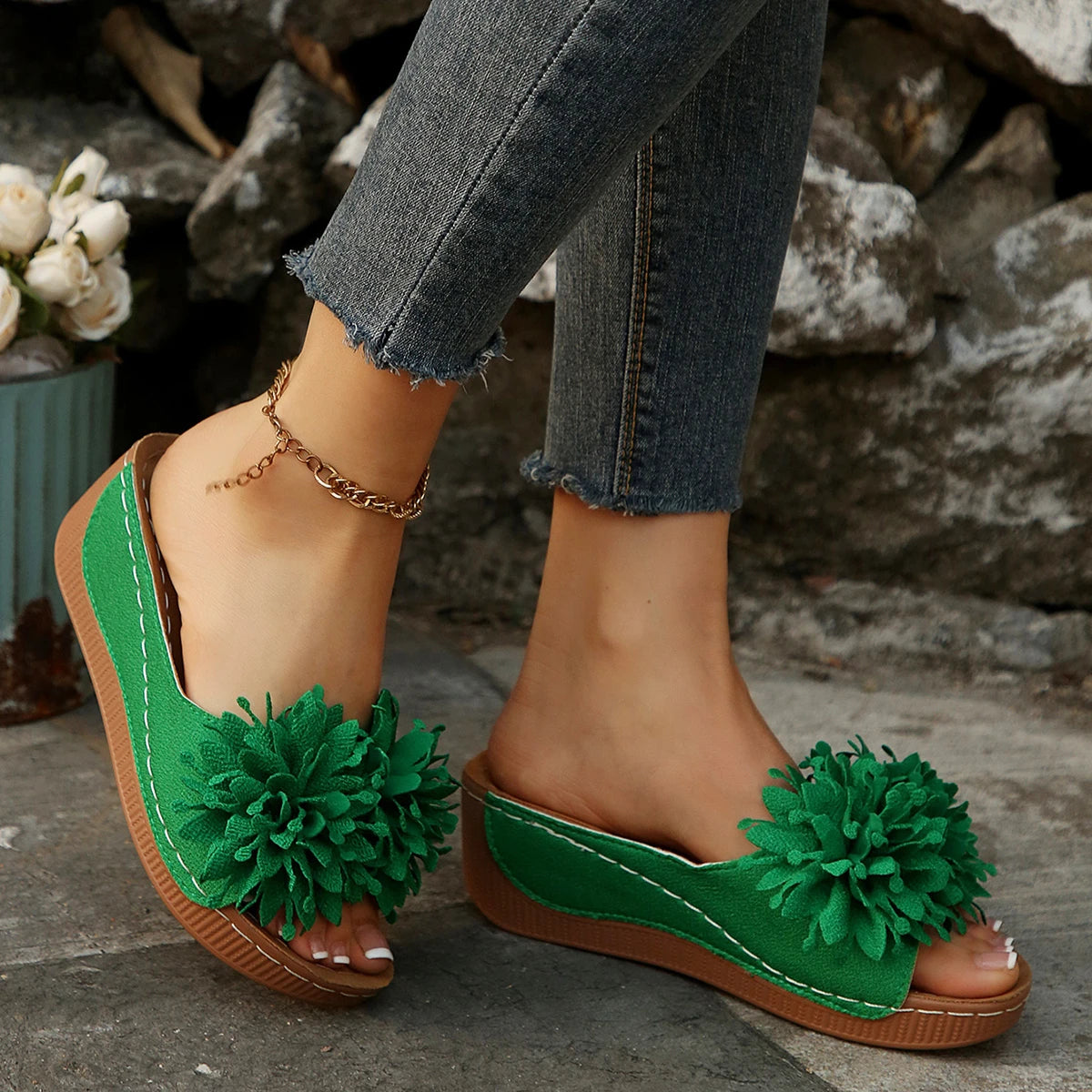 Flower Decoration Wedge Open Toe Slip Sole Sandals