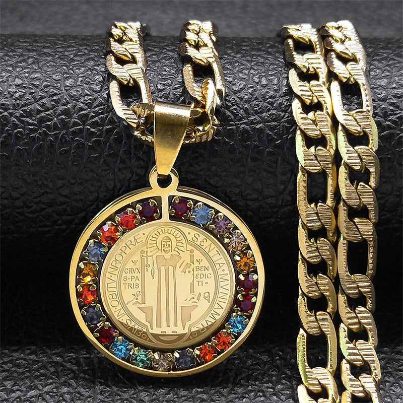 Colorful Crystal Saint Benedict Medal Necklace