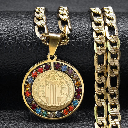 Colorful Crystal Saint Benedict Medal Necklace