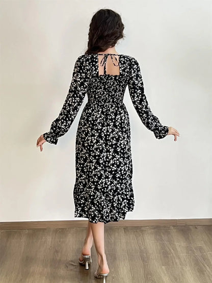 Long Sleeve Casual Chiffon Floral Elastic Chest Lace Up Midi Dress