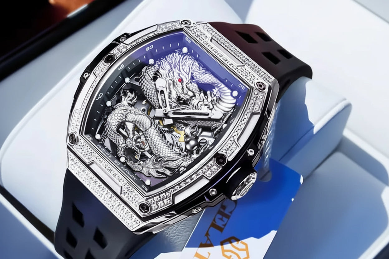 Hollow Silicone Strap Waterproof High Full Diamond Dragon Dial Automatic Mechanical Watch