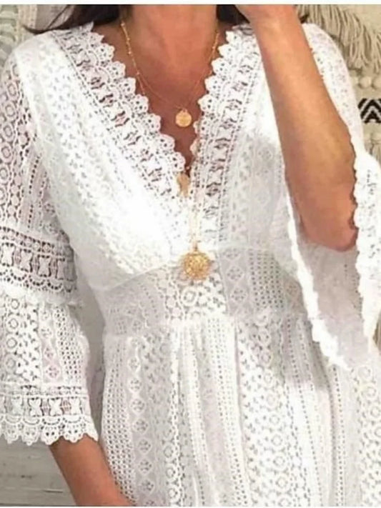 High Waist White Elegant Flare Sleeve Casual V-neck Dress