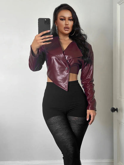 Faux Leather Single Button Crop Cross Neck Full Sleeve Wild Jacket