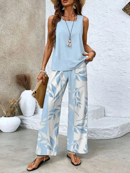 Sleeveless Tank Top Leaf Print Wide Leg Pants Set
