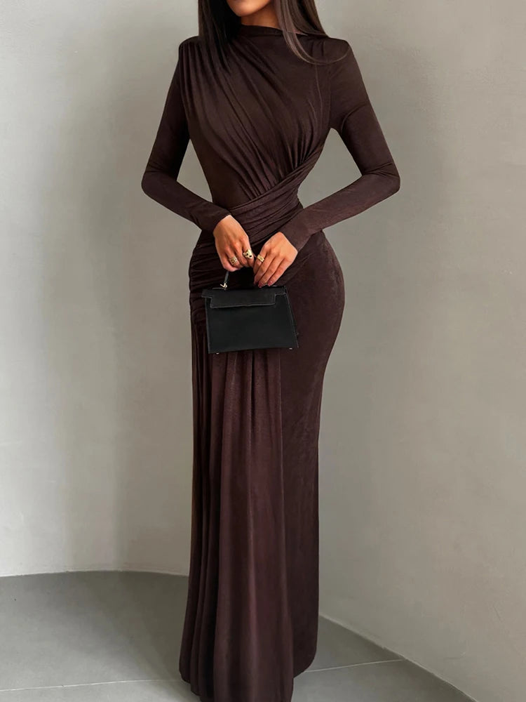 Folds Maxi Full Sleeve Elegant Skinny Dress