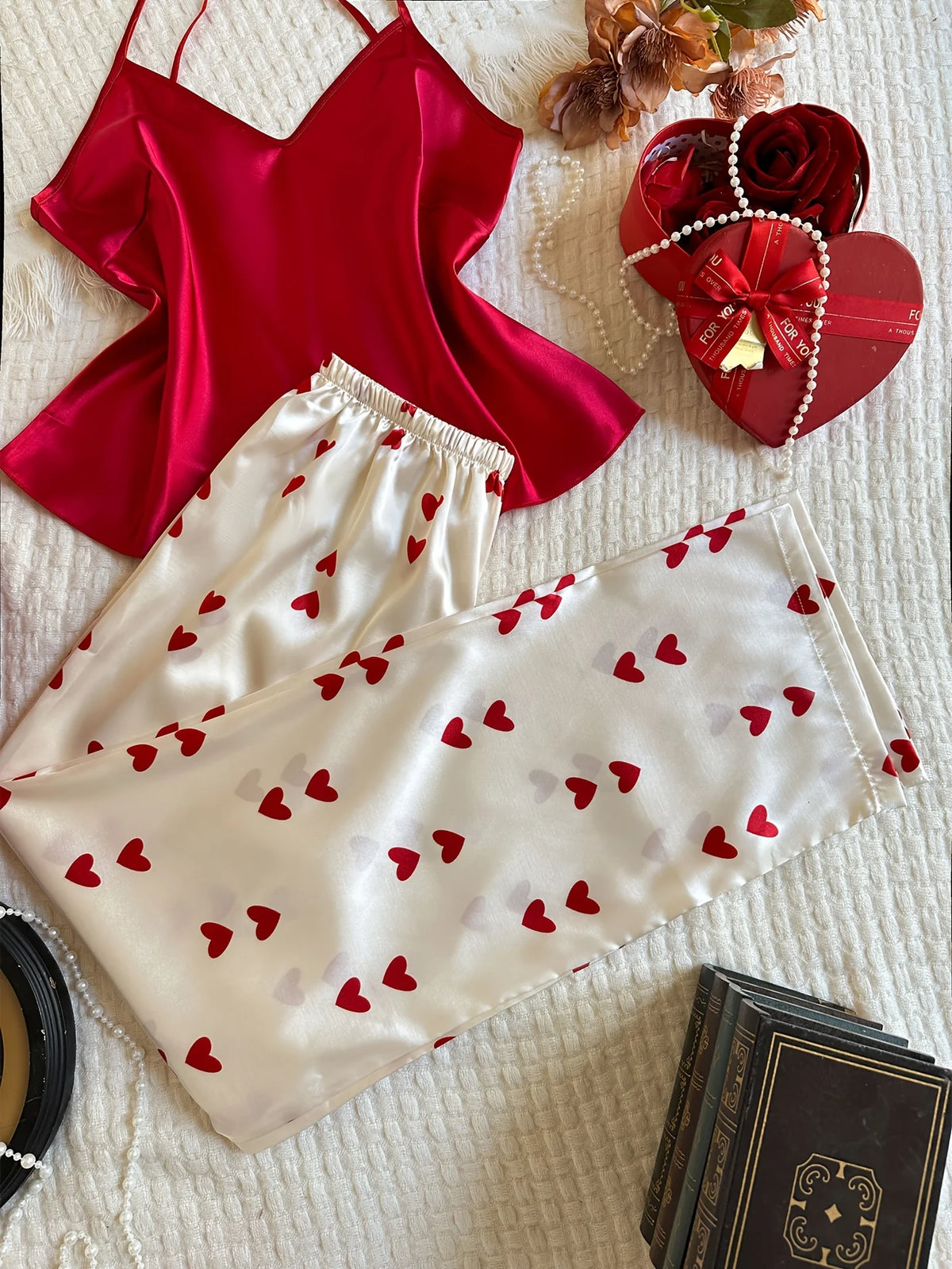 V Neck Heart Printed long Pants Casual Sleepwear Set