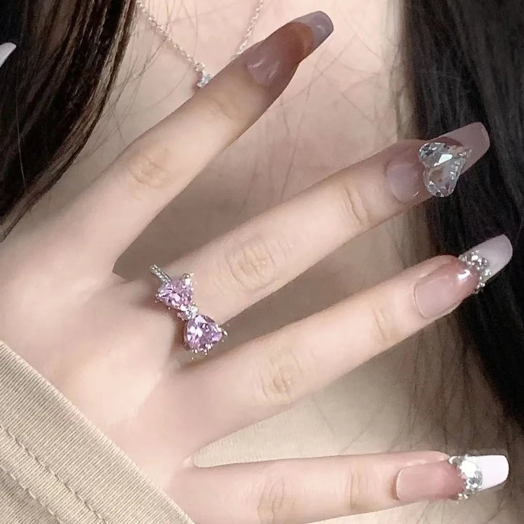 Romantic Lovely Pink Bowknot with Micro Bow Tie Zircon Rings